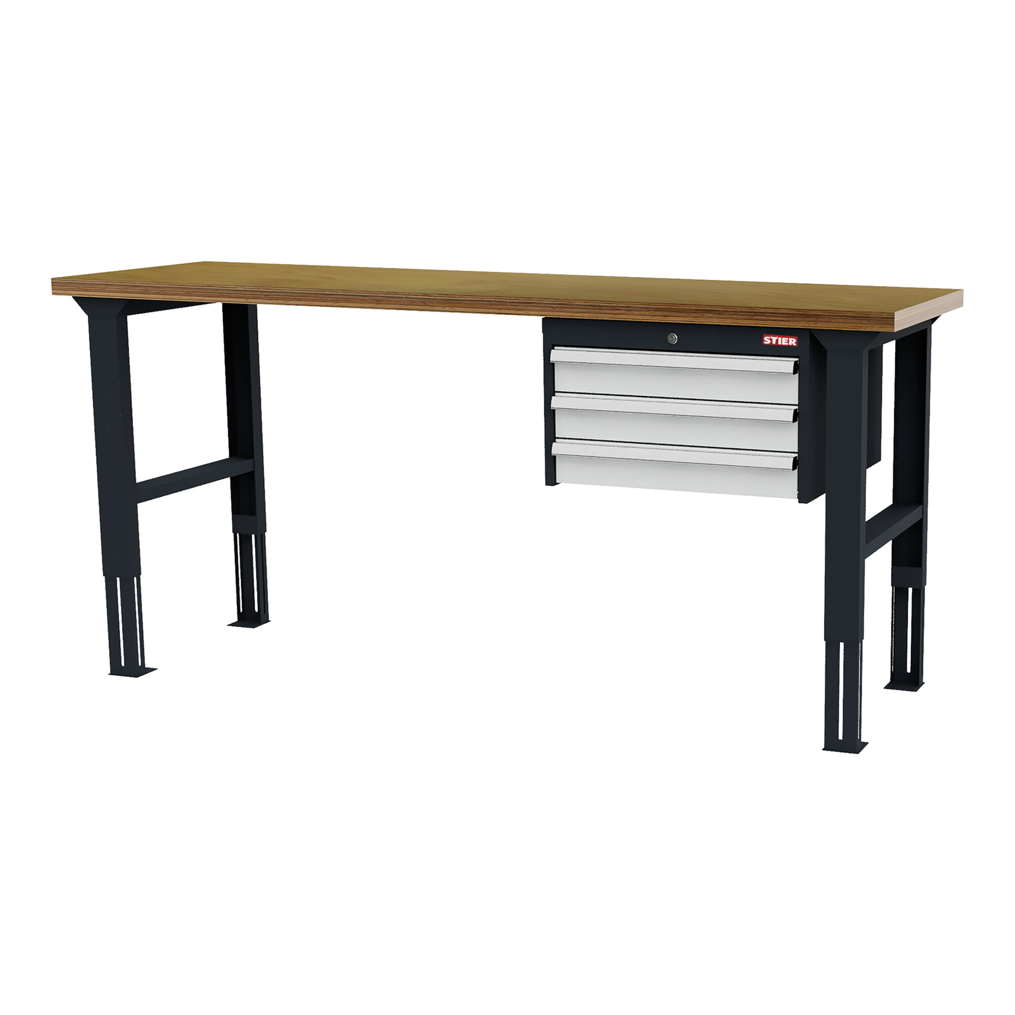 STIER Höhenverstellbare Werkbank mit 3x100 mm Schubladen BxTxH 2000x600x760-1060 mm RAL 7016 / RAL 7035