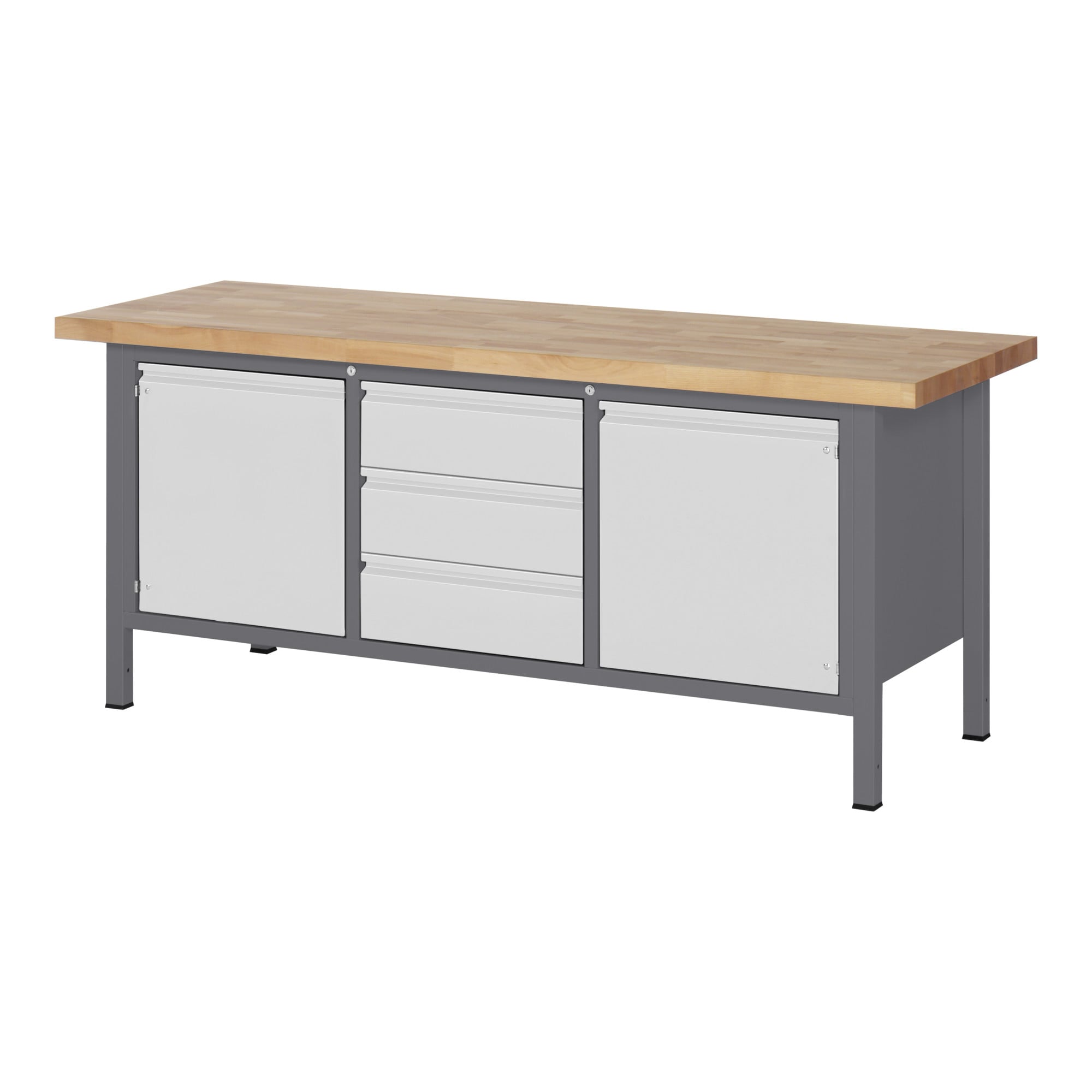 STIER Höhenverstellbare Werkbank Premium mit 3 Schubladen und 2 Flügeltüren BxTxH 2000x700x840-1040mm