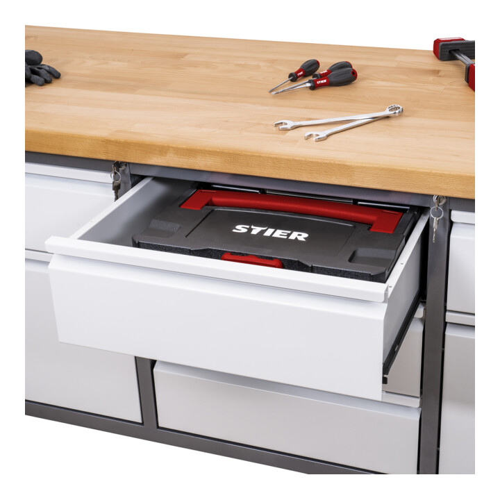 STIER Höhenverstellbare Werkbank Premium mit 3 Schubladen und 2 Flügeltüren BxTxH 2000x700x840-1040mm