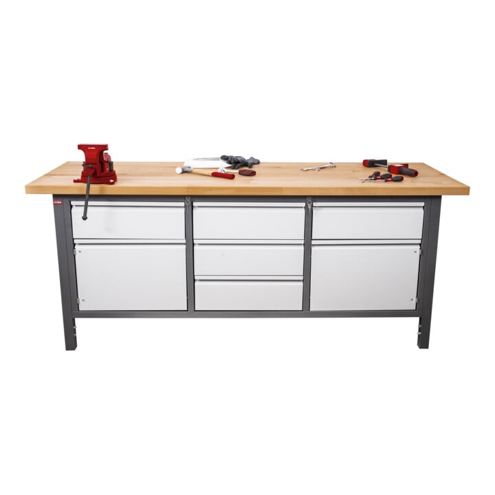 STIER Höhenverstellbare Werkbank Premium mit 5 Schubladen und 2 Flügeltür BxTxH 2000x700x840-1040mm