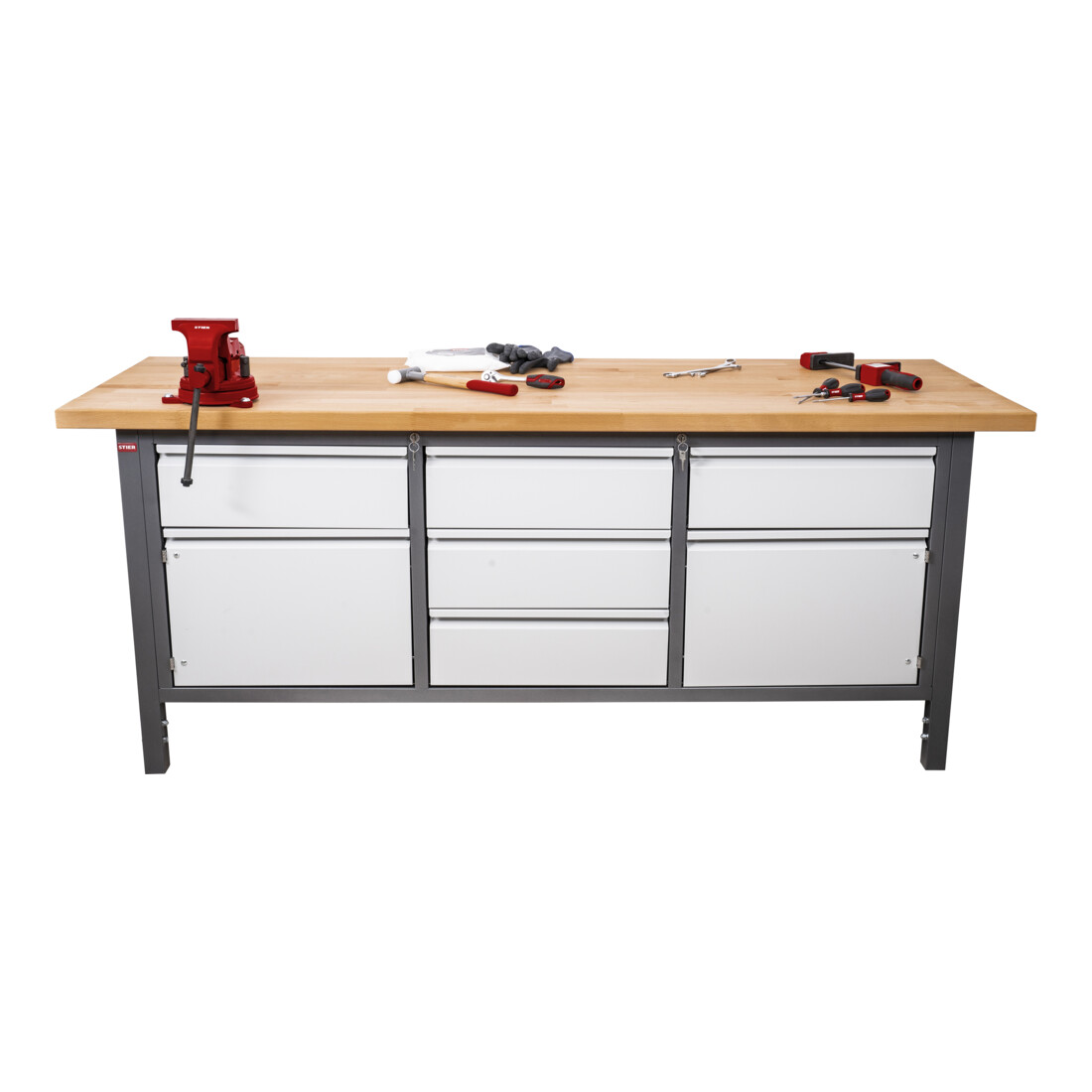 STIER Höhenverstellbare Werkbank Premium mit 5 Schubladen und 2 Flügeltür BxTxH 2000x700x840-1040mm