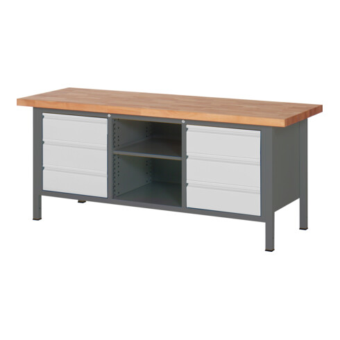 STIER Höhenverstellbare Werkbank Premium mit 6 Schubladen und einem offenen Fach BxTxH 2000x700x840-1040mm
