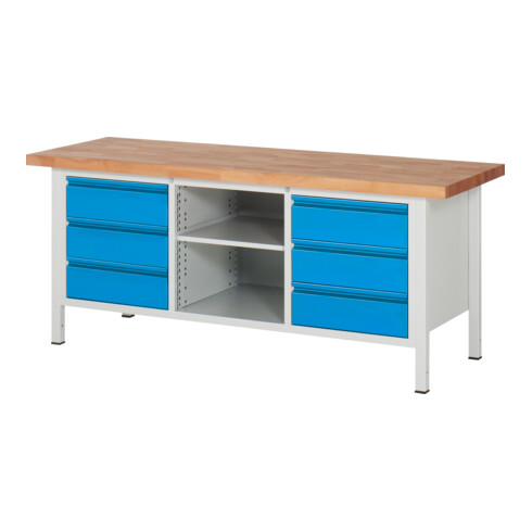 STIER Höhenverstellbare Werkbank Premium mit 6 Schubladen und einem offenen Fach BxTxH 2000x700x840-1040mm RAL 7035 / RAL 5012