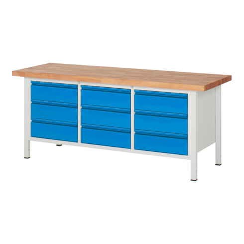 STIER Höhenverstellbare Werkbank Premium mit 9 Schubladen BxTxH 2000x700x840-1040mm RAL 7035 / RAL 5012