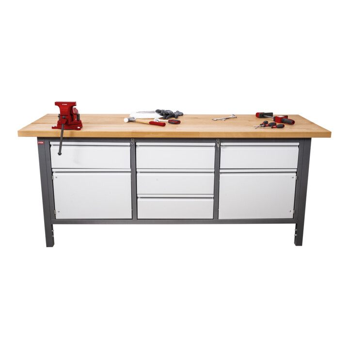 STIER in hoogte verstelbare werkbank Premium met 5 laden en 2 vleugeldeur BxDxH 2000x700x840-1040 mm