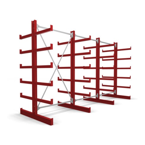 STIER Kragarmregal doppelseitig 3 Felder mit 5 Ebenen 3900x2000x500mm feuerrot