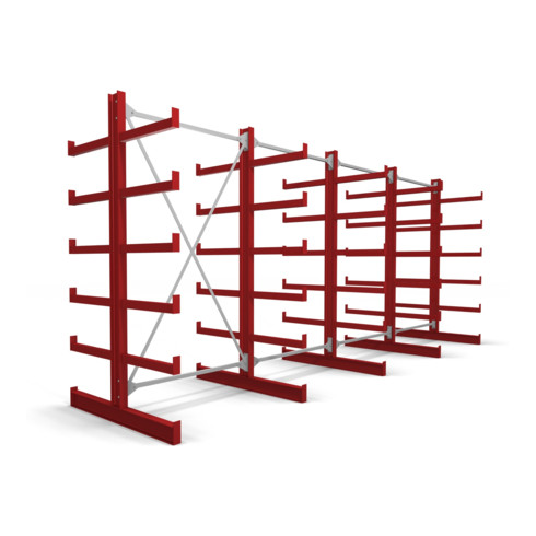 STIER Kragarmregal doppelseitig 4 Felder mit 5 Ebenen 5200x2000x500mm feuerrot