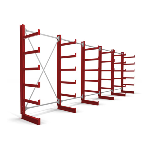 STIER Kragarmregal einseitig 5 Felder mit 5 Ebenen 6500x2000x500mm feuerrot