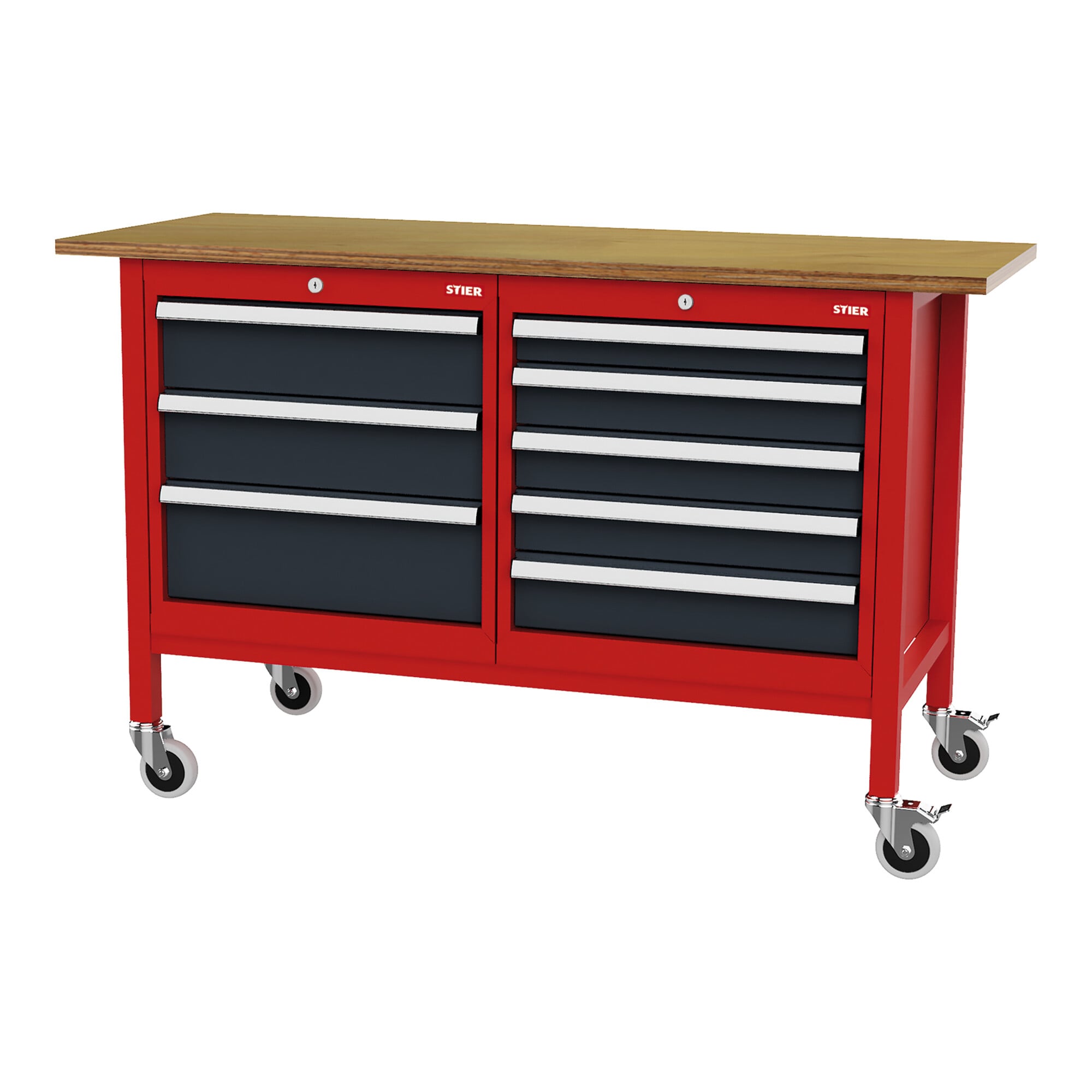 STIER Mobile Kastenwerkbank mit 8 Schubladen BxTxH 1500x600x960 mm RAL 3020 / RAL 7016