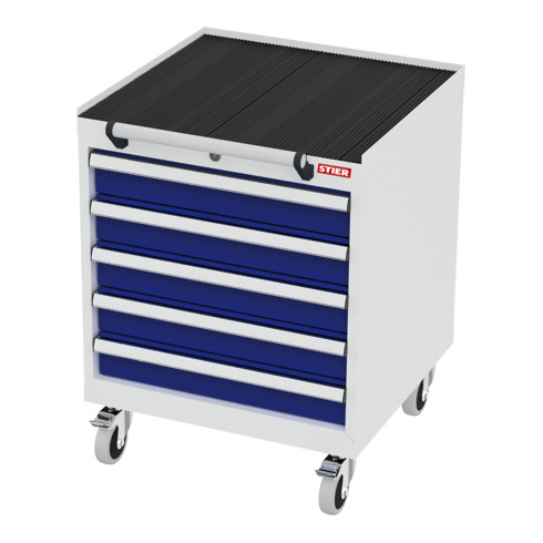 STIER Mobiler Schubladenschrank mit 5 Schubladen BxTxH 600x575x790 mm lichtgrau/enzianblau