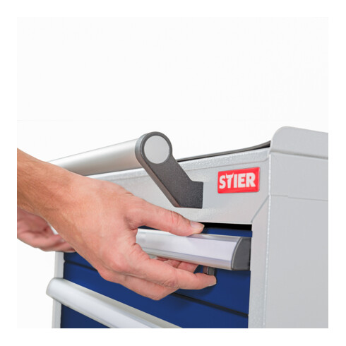STIER Mobiler Schubladenschrank mit 5 Schubladen BxTxH 600x575x790 mm lichtgrau/enzianblau