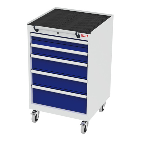 STIER Mobiler Schubladenschrank mit 5 Schubladen BxTxH 600x575x990 mm lichtgrau/enzianblau