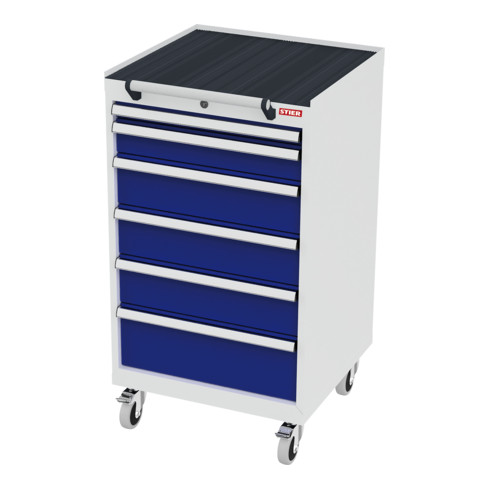 STIER Mobiler Schubladenschrank mit 6 Schubladen, 600x575x1090, Enzianblau und Lichtgrau