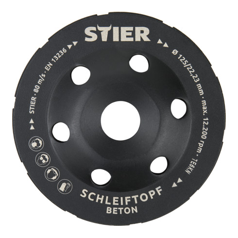 STIER Mola a tazza diamantata doppia ø125 mm foro 22,23 mm calcestruzzo, platorello diamantato