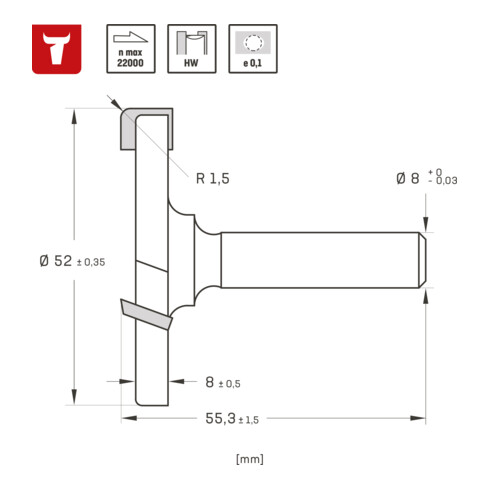 STIER Planfräser HW 8 mm Durchmesser 52 mm NL 8 mm R1,5