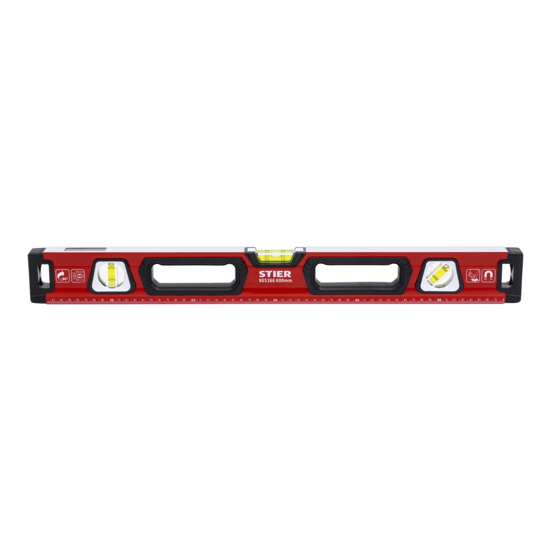 STIER Premium Wasserwaage mit Magnet und drei Libellen 600 mm ±0,5 mm/m