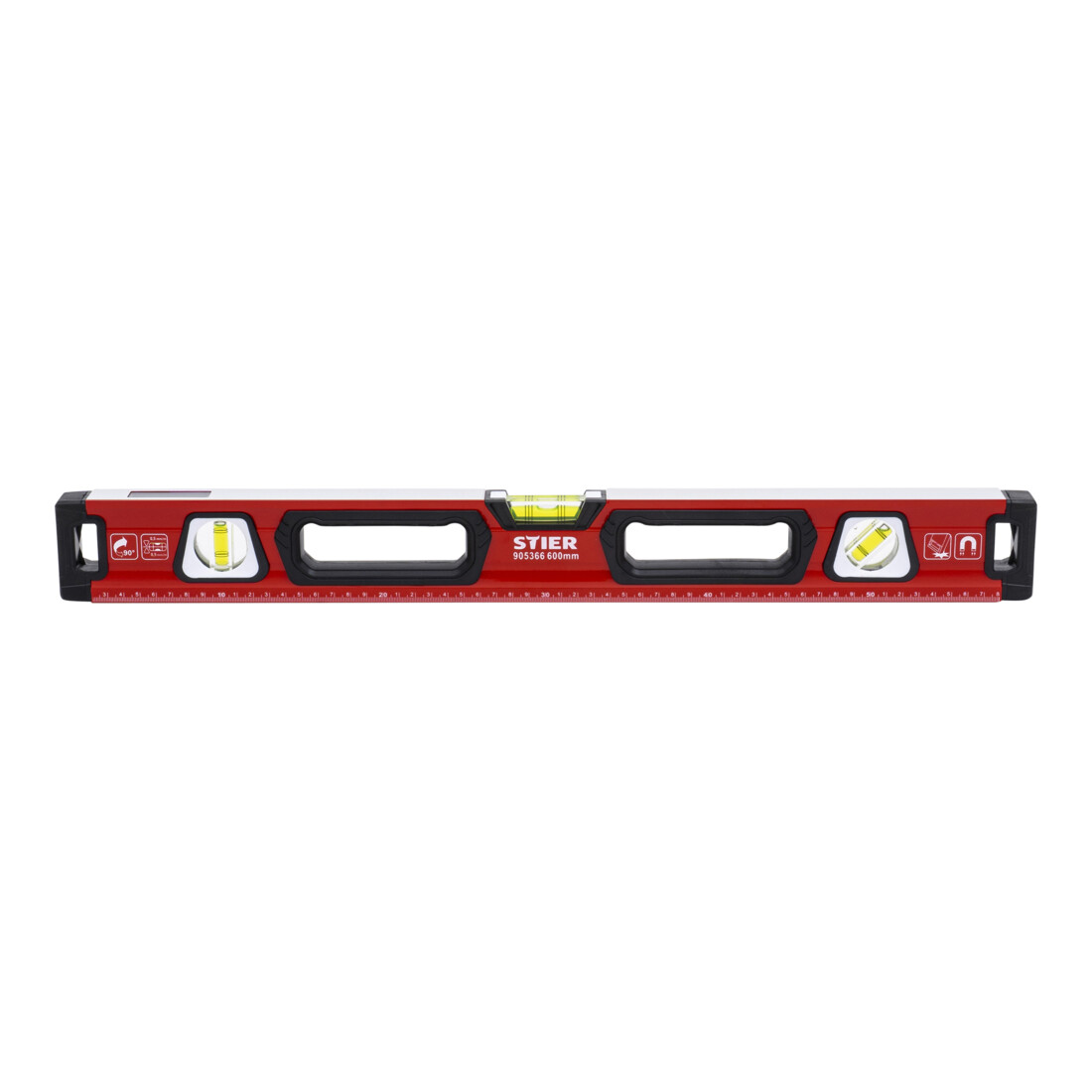 STIER Premium Wasserwaage mit Magnet und drei Libellen 600 mm ±0,5 mm/m