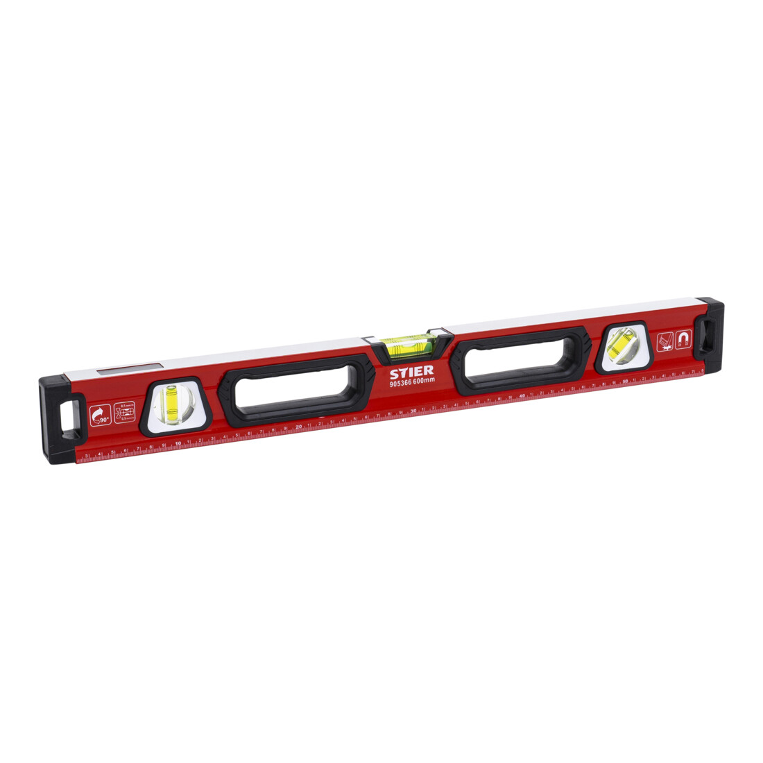 STIER Premium Wasserwaage mit Magnet und drei Libellen 600 mm ±0,5 mm/m