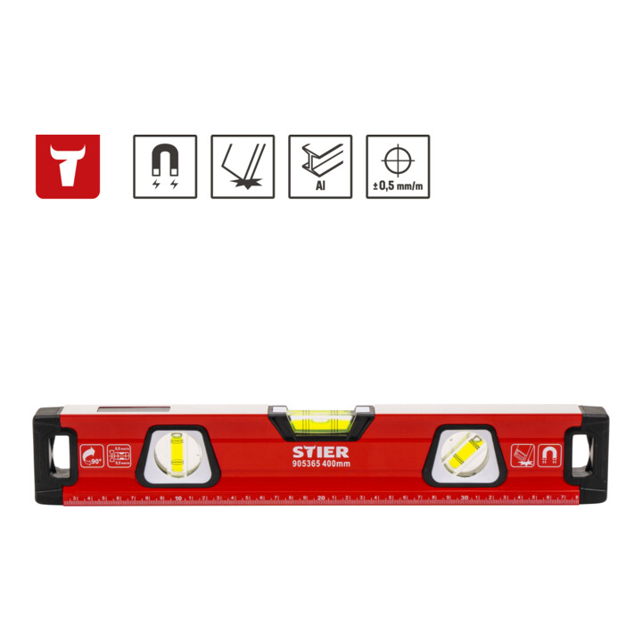 STIER Premium waterpas met magneet en drie libellen 1200 mm ±0,5 mm/m