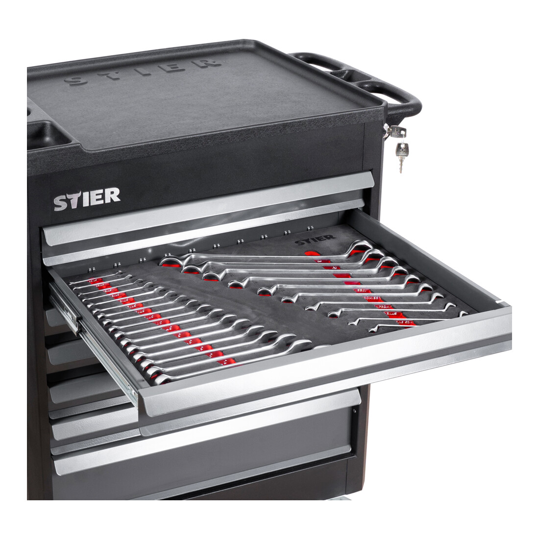 STIER ringsteeksleutel- en ringsleutelset 27-delig in inlay van zacht schuim (EVA)