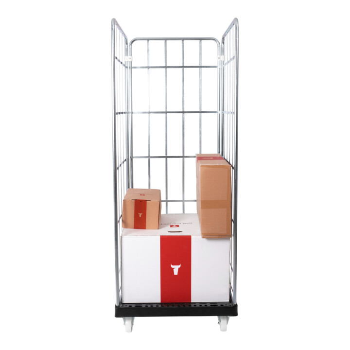 STIER rolcontainer 3-zijdig, galvanisch verzinkt, kunststof rolplaat, LxBxH 815x724x1630 mm