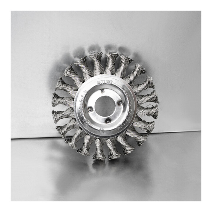 STIER ronde borstel ø 115 mm, boring-ø 22,2 mm, 0,5 mm, geknoopt, staal, nuttige hoogte 24 mm
