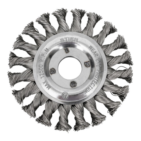 STIER Rundbürste Ø 115 mm, Bohrungs-Ø 22,2 mm, 0,5 mm, gezopft, Edelstahl