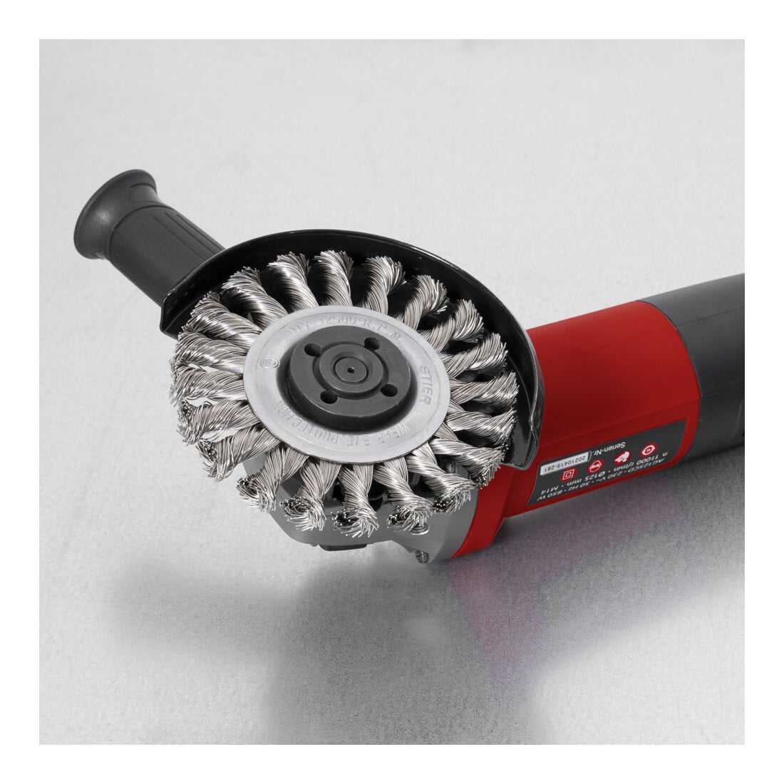 STIER Rundbürste Ø 115 mm, Bohrungs-Ø 22,2 mm, 0,5 mm, gezopft, Edelstahl