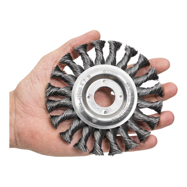 STIER Rundbürste Ø 125 mm, Bohrungs-Ø 22,2 mm, 0,5 mm, gezopft, Stahl