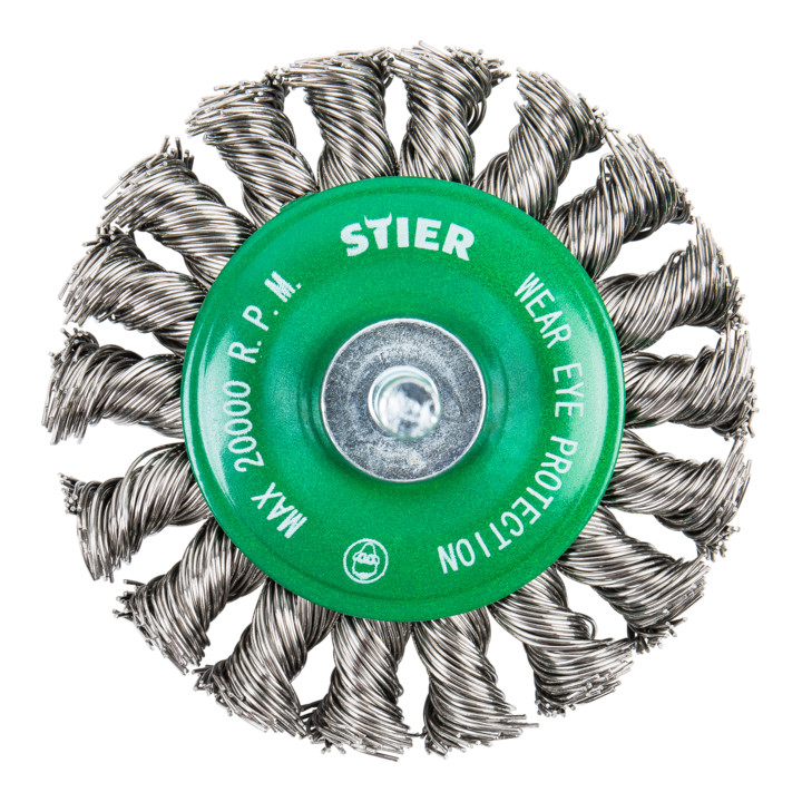 STIER Rundbürste Ø 75 mm, Schaft-Ø 6 mm, 0,5 mm, gezopft, Edelstahl V2A
