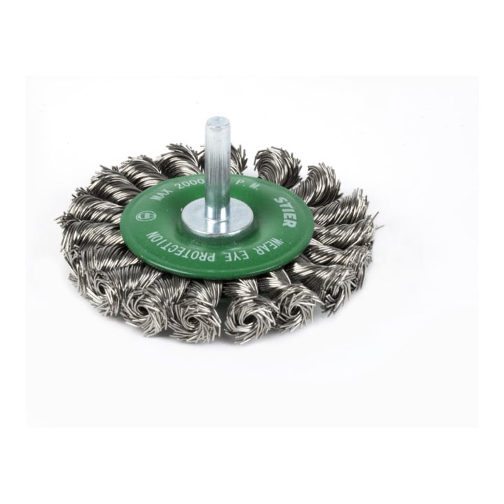 STIER Rundbürste Ø 75 mm, Schaft-Ø 6 mm, 0,5 mm, gezopft, Edelstahl V2A