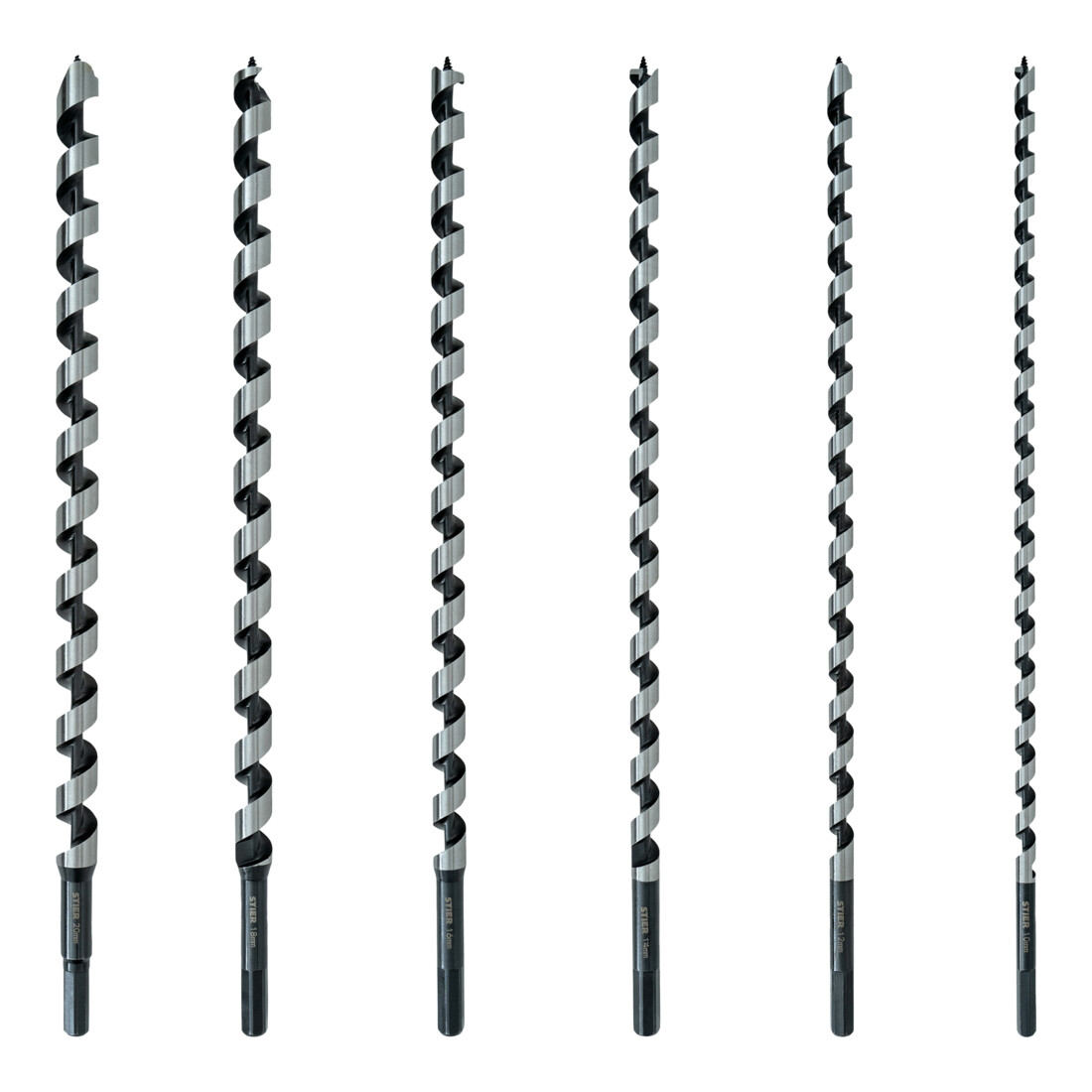 STIER Schlangenbohrer Tieflochbohrer Set 6-teilig 385 / 460 mm 10 - 20 mm Federstahl