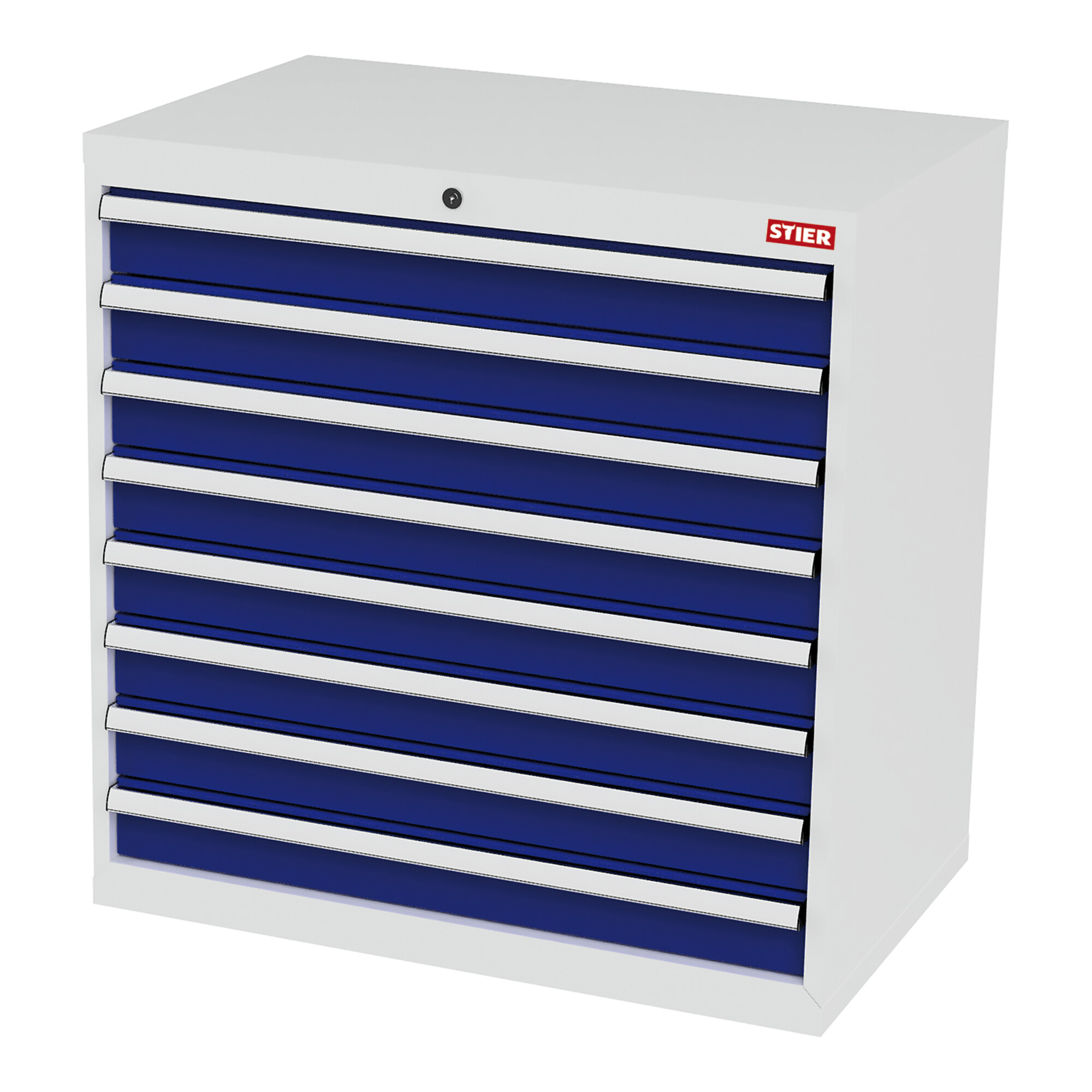 STIER Schubladenschrank mit 8 Schubladen BxTxH 900x575x920 mm lichtgrau/enzianblau