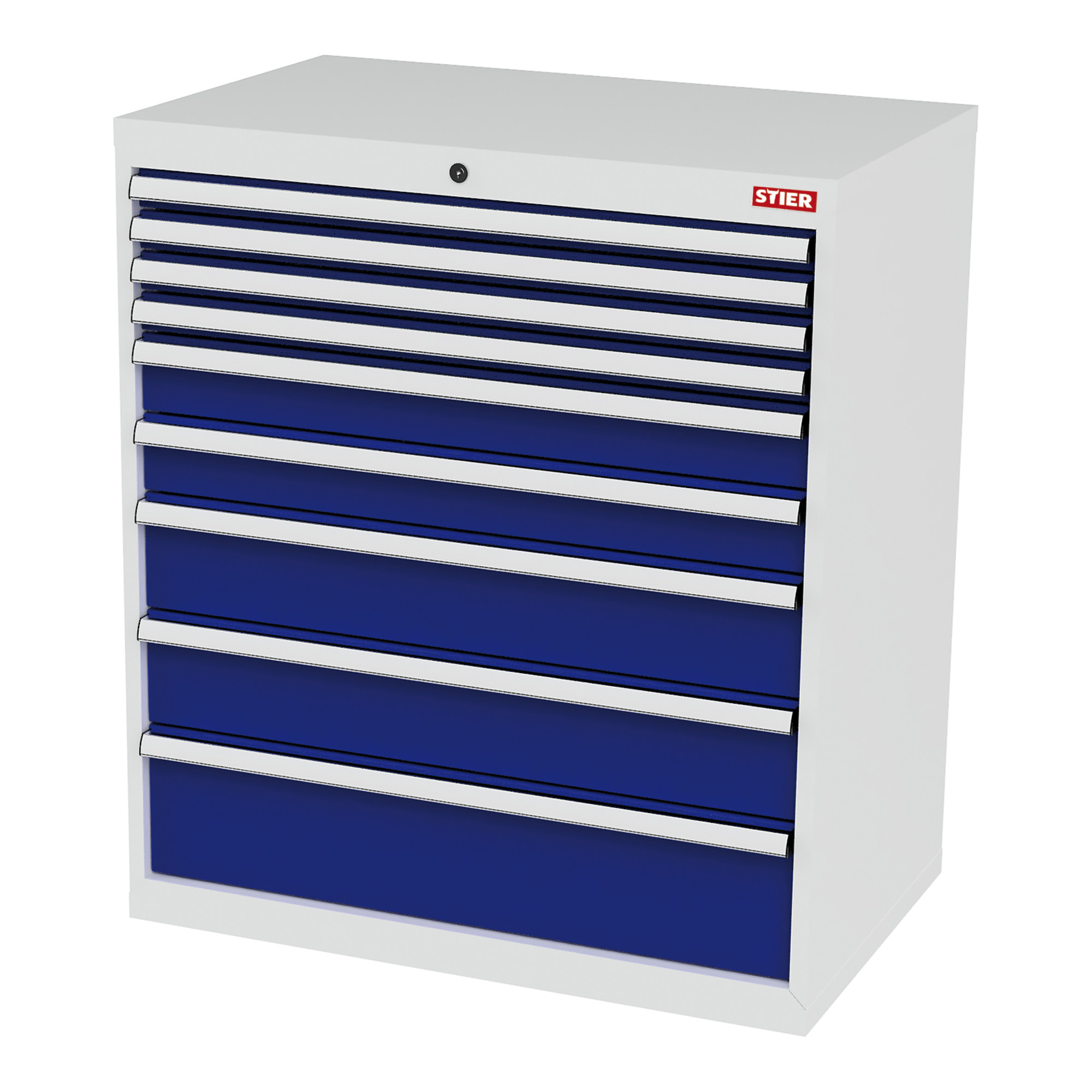 STIER Schubladenschrank mit 9 Schubladen BxTxH 900x575x1020 mm lichtgrau/enzianblau