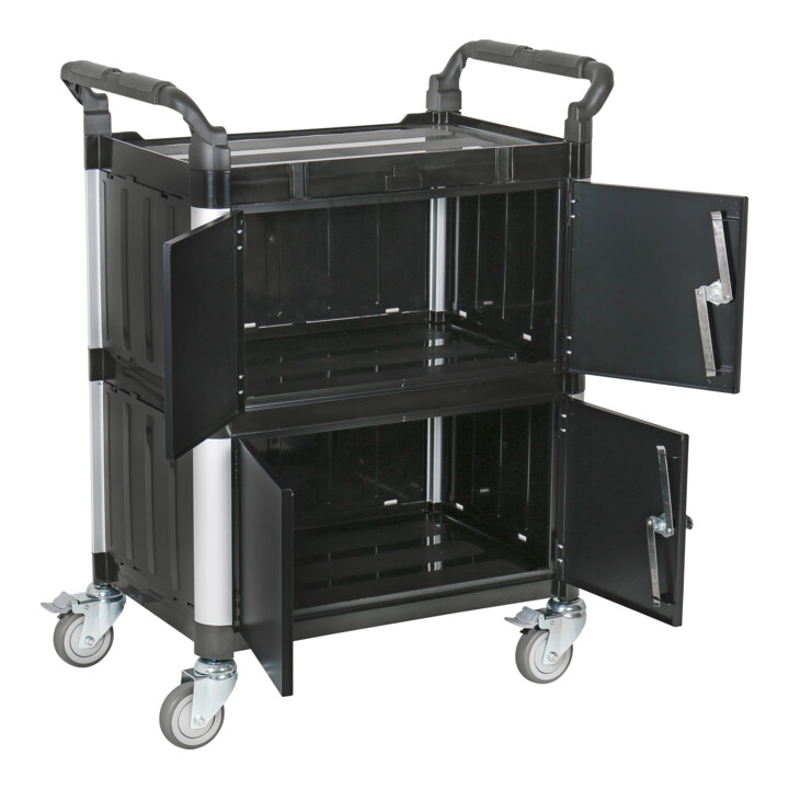 STIER Servierwagen mit 3 Etagen, Wänden und Flügeltüren LxBxH 750x460x980 mm