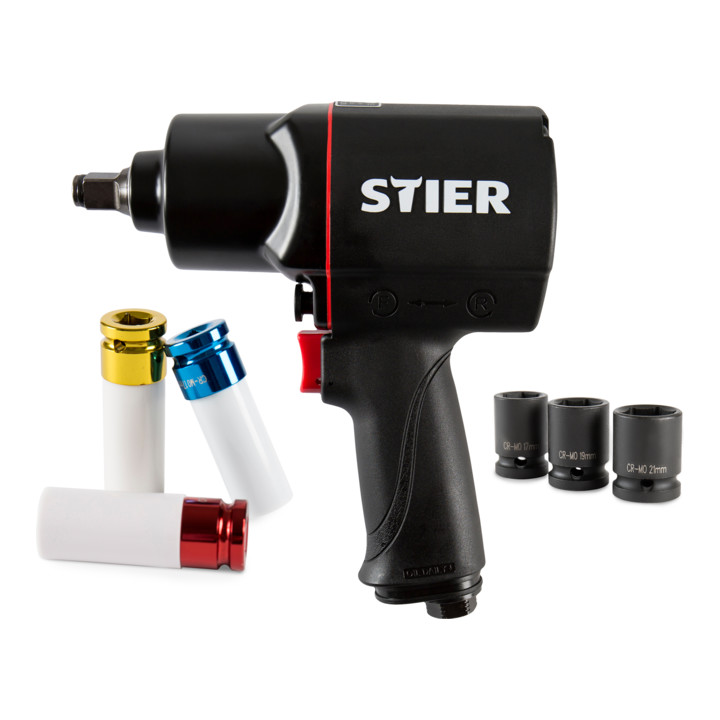 STIER Systainer-Kompressor SKT 160-8-6 ölfrei + Stier Schlagschrauber-Satz 17-BBS, 1/2'' Antrieb 8-teilig + STIER Druckluftschlauch SSDL-10/10