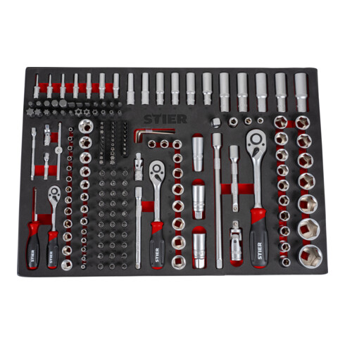 STIER Set di chiavi a bussola 1/4" 3/8" 1/2" 179 pezzi in inserto di espanso morbido (EVA)