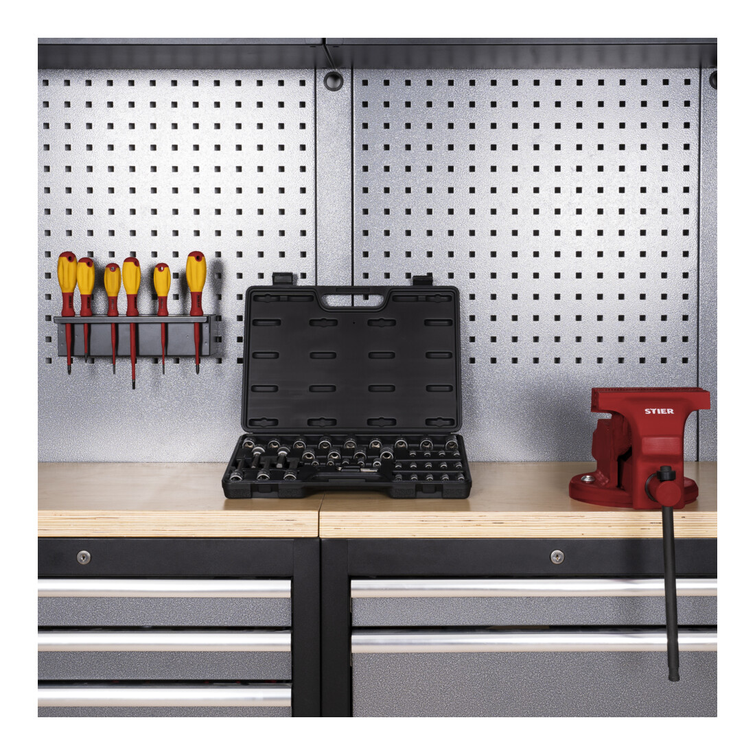 STIER Set di chiavi a bussola e bit, 1/2 pollice, 1/4 pollice, ISK/TX, 42 pezzi