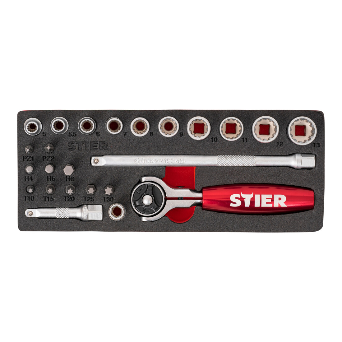 STIER Set di chiavi a bussola e bit 1/4" 24 pezzi in borsa per professionisti