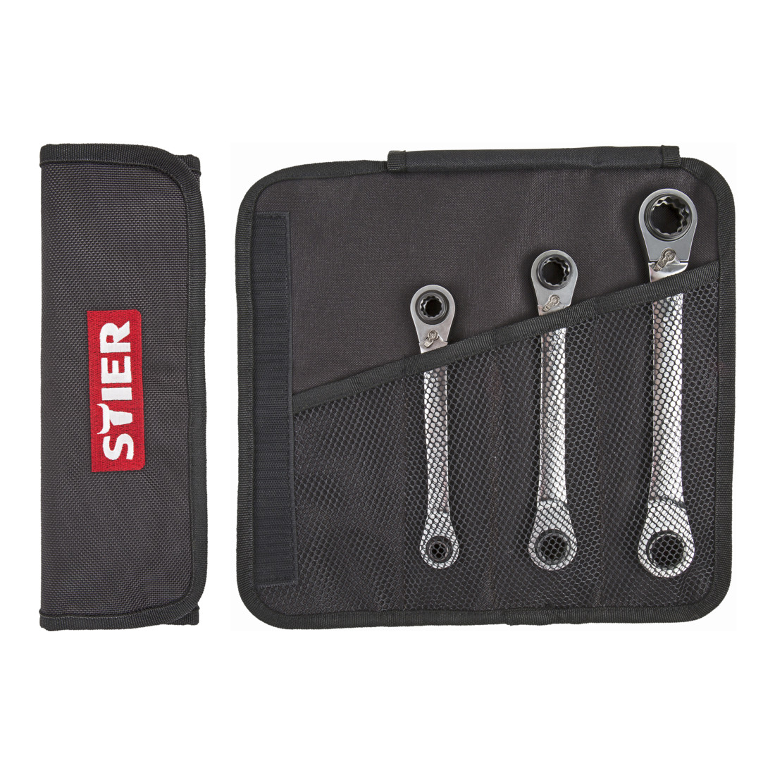 STIER Set di chiavi a cricchetto con doppio anello tipo forte e speciale 4-in-1, 8 - 18 mm, 3 pezzi