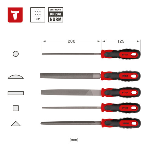 STIER Set di lime da officina, 200 mm H2 5 pezzi in inserto di espanso morbido (EVA)