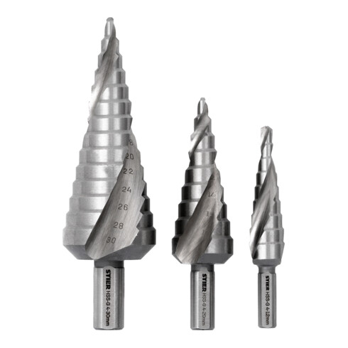 STIER Set di punte a gradino HSS-G 3 pz. in cassetta, 4-12, 4-20, 4-30 mm