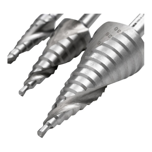 STIER Set di punte a gradino HSS-G 3 pz. in cassetta, 4-12, 4-20, 4-30 mm