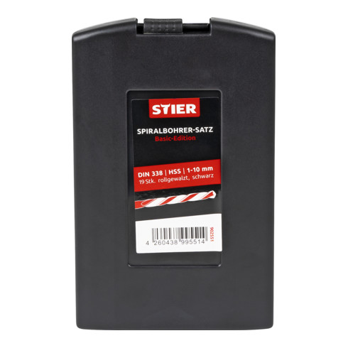 STIER Set di punte elicoidali DIN 338 HSS-R 1-10 mm 19 pezzi in cassetta