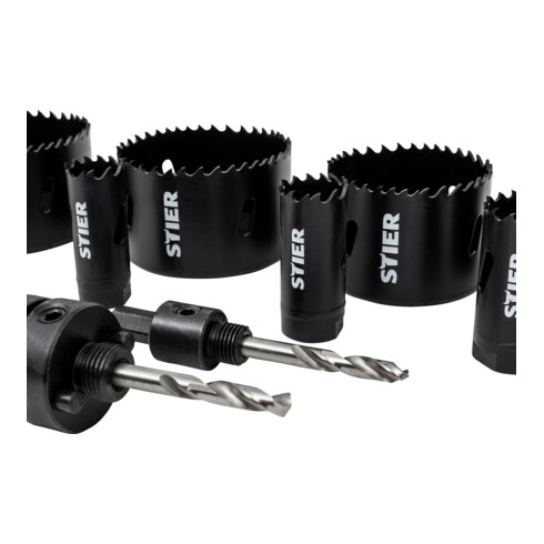 STIER Set di seghe a tazza HSS-Co8 bimetallo, profondità di taglio 44 mm, 14 pezzi (20, 22, 25, 32, 35, 40, 44, 51, 60, 68 e 76 mm)