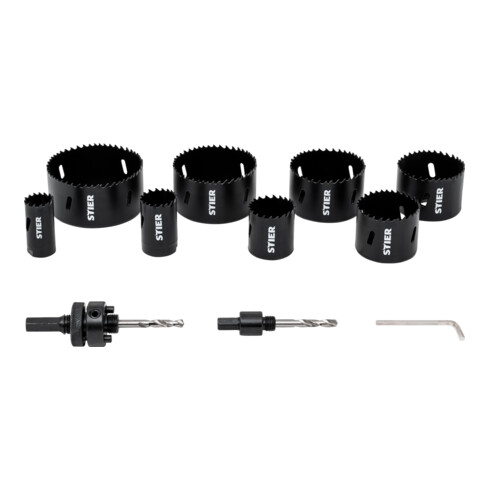 STIER Set per elettricisti di seghe a tazza HSS-Co8 bimetallo, profondità di taglio 44 mm, 11 pezzi (25, 32, 40, 54, 60, 68, 76 e 86 mm)