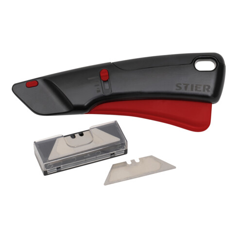 STIER Sicherheits-Cuttermesser Premium mit 10 Ersatz-Klingen, automatischem Klingeneinzug