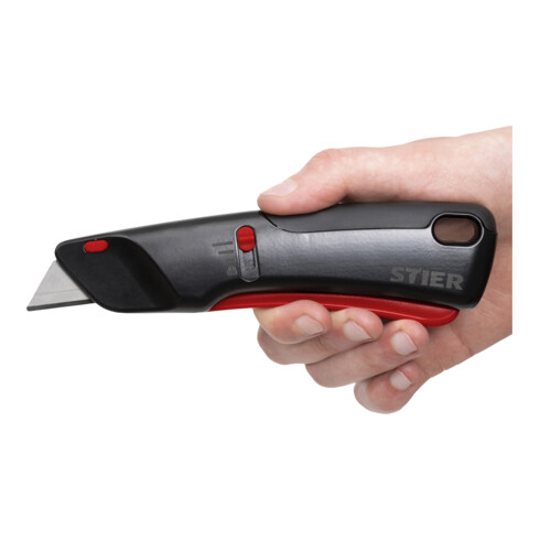 STIER Sicherheits-Cuttermesser Premium mit 10 Ersatz-Klingen, automatischem Klingeneinzug
