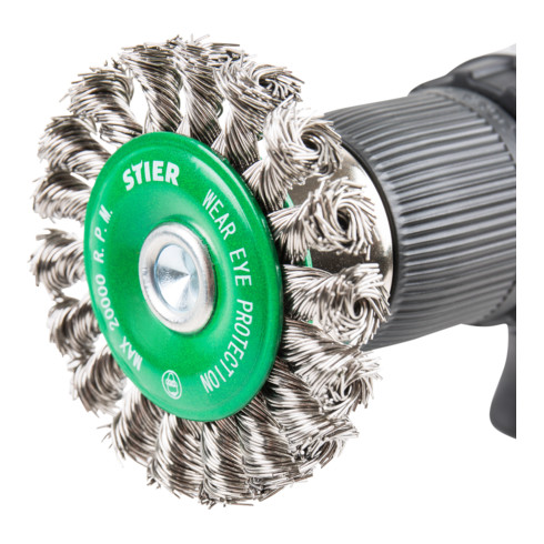 STIER Spazzola circolare ø 75 mm, ø codolo 6 mm, 0,5 mm, intrecciata, acciaio legato V2A