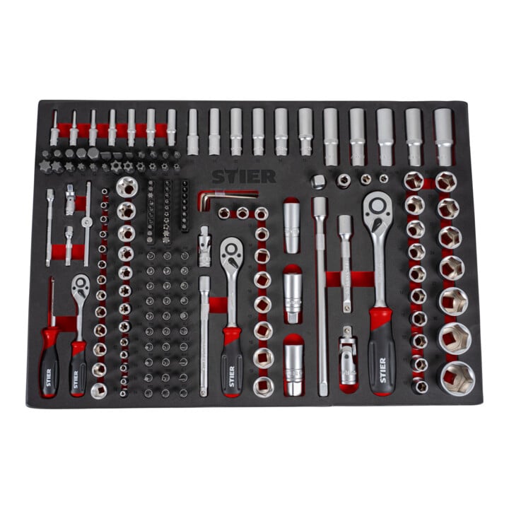 Set STIER Werkstattwagenaufsatz leer + Steckschlüssel-Satz 1/4'' 3/8'' 1/2'' 179-teilig